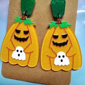 Halloween Pumpkin Earrings for Kids - Yellow and Green